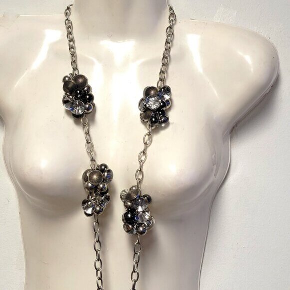 Statement Necklace Silver Tone Crystal Buttons Beads Charms Clusters Necklace - Picture 2 of 11